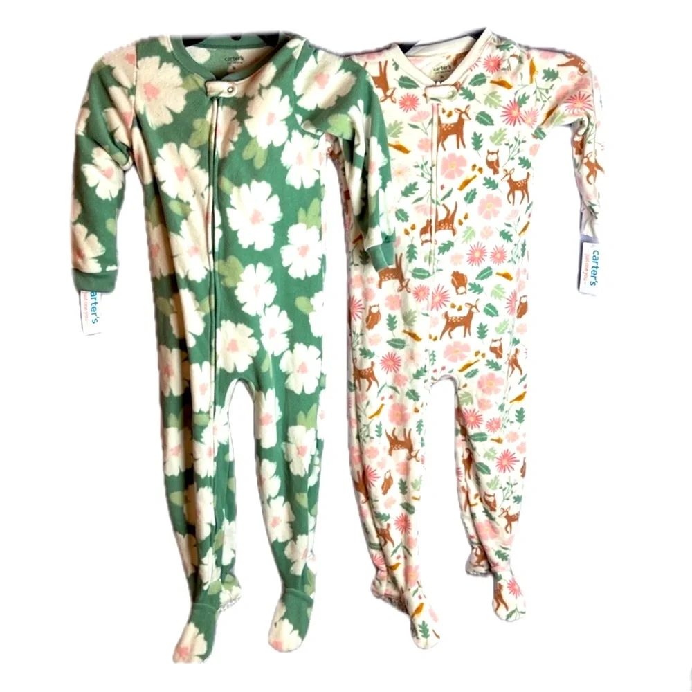 Set of 2 Carter's Fleece Green Pink and Pink White Floral Footie One Pie…